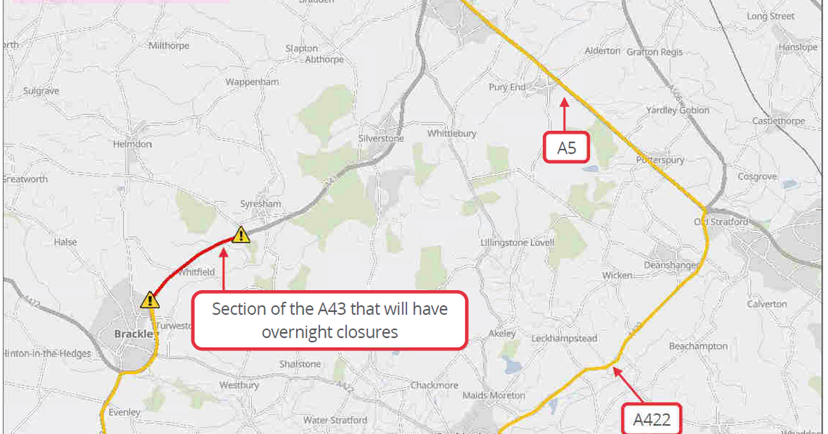 Notice of overnight road closures A43 Brackley BP roundabout to