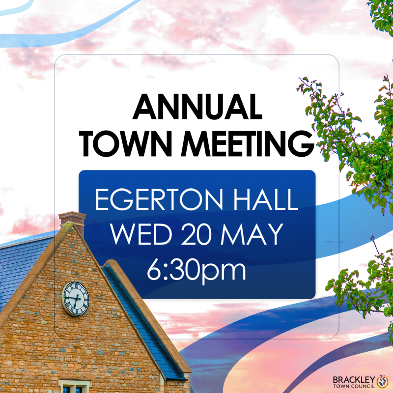 Egerton Hall with overlaid text reading Annual Town Meeting, Egerton Hall, 20th May, 6:30pm
