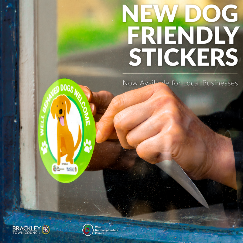 Photo showing a the new dog friendly being placed in a shop window with text reading 'New Dog Friendly Stickers, Now available for local businesses'
