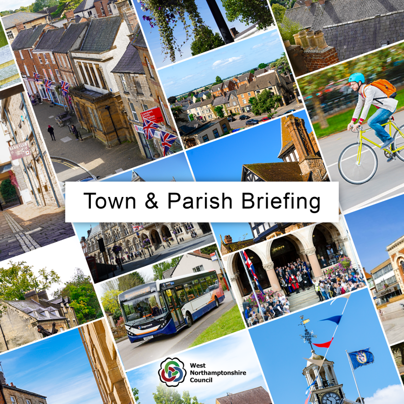 Image showing a collage of photos from Northamptonshire, with title text that reads 'Town & Parish Briefing'