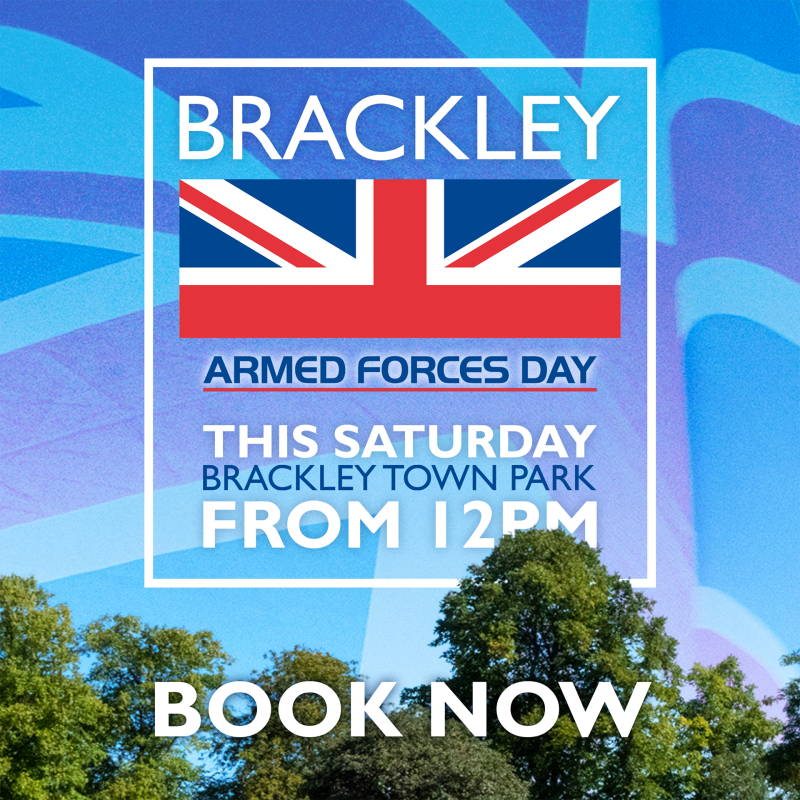 Image of a blue sky with text that reads 'Brackley Armed Fores Day This Saturday, Brackley Town Park, From 12pm, Book Now'.